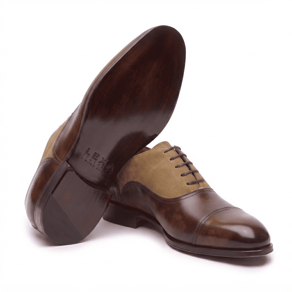 Angled view of handcrafted leather Oxford shoes highlighting premium craftsmanship and sole