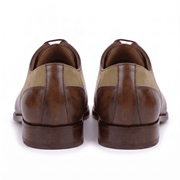 Rear view of handcrafted brown and tan Oxford leather shoes with premium heel construction