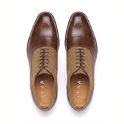 Top view of premium brown and tan handcrafted Oxford leather shoes for men