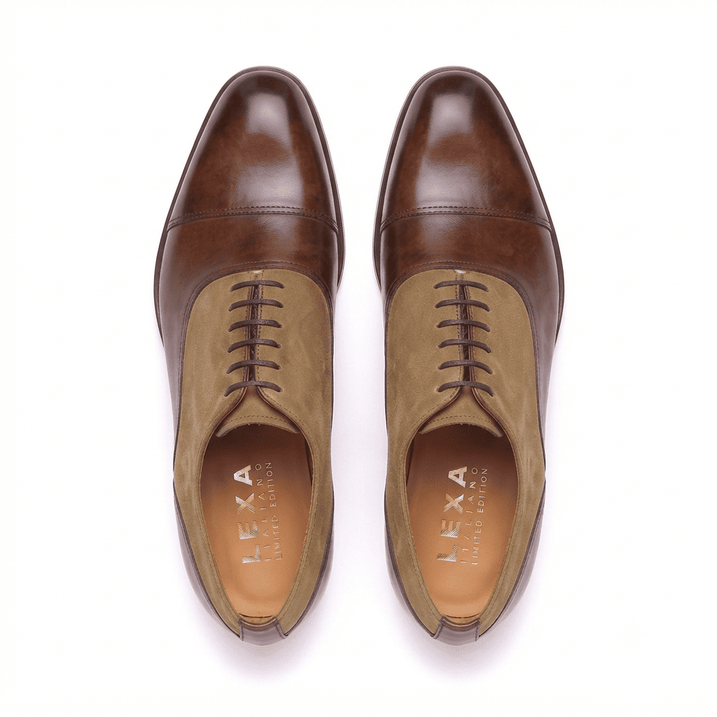 Top view of premium brown and tan handcrafted Oxford leather shoes for men