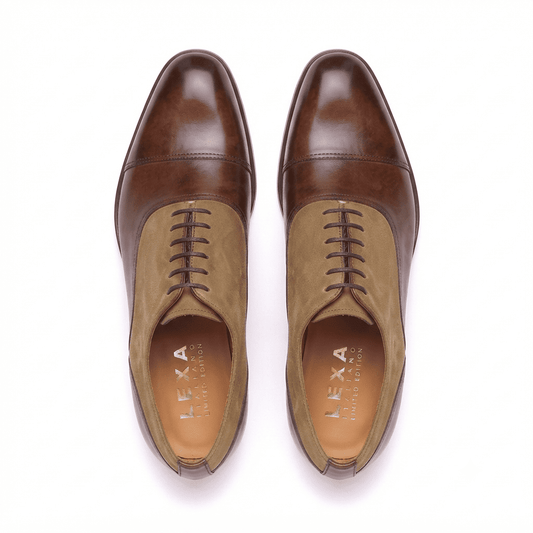 Top view of premium brown and tan handcrafted Oxford leather shoes for men