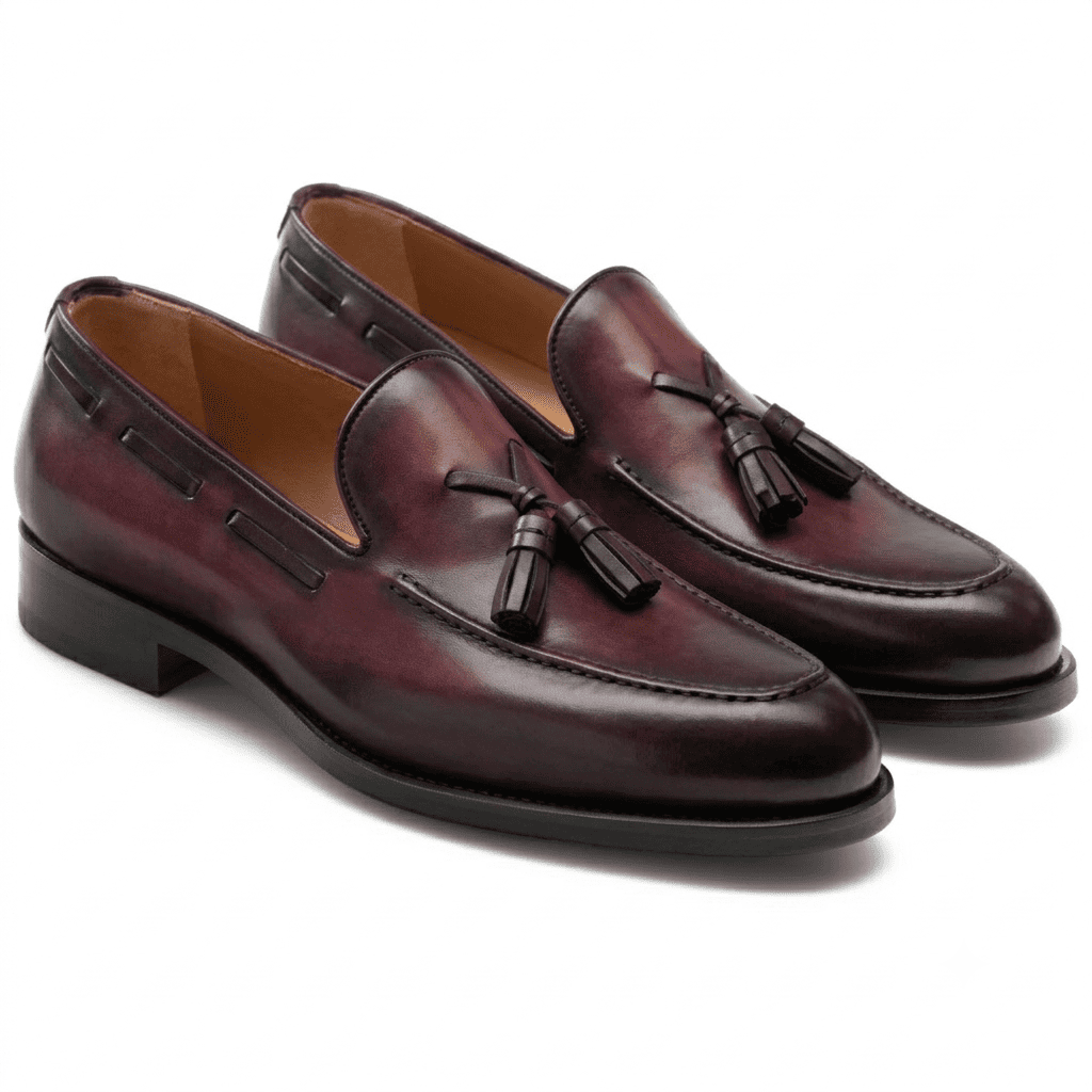 Burgundy leather tassel loafers for men