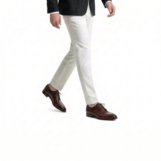 Walking style view of burgundy leather formal shoes for men