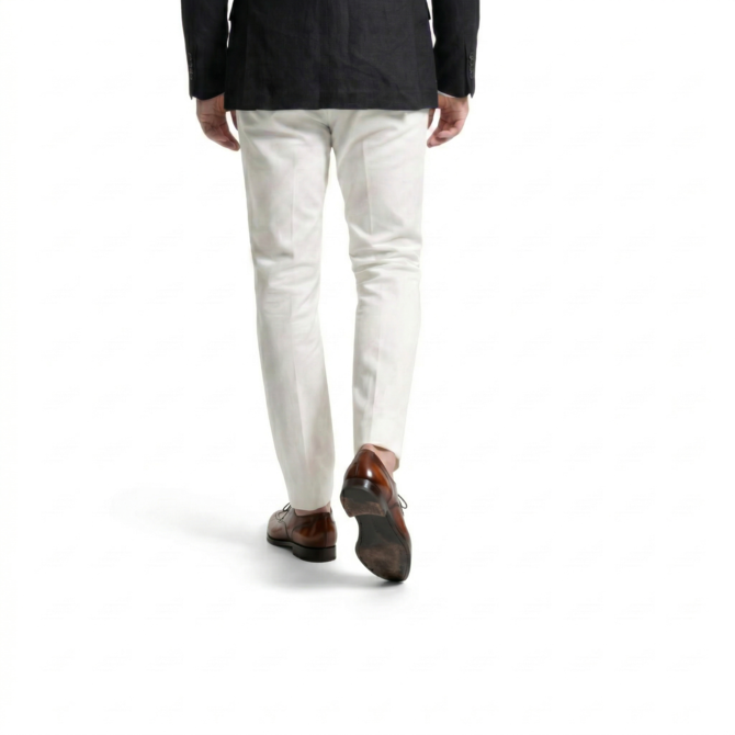 Back styling view of burgundy Oxford shoes with white trousers
