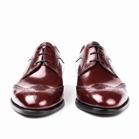 Front view of burgundy patent leather oxford shoes for men