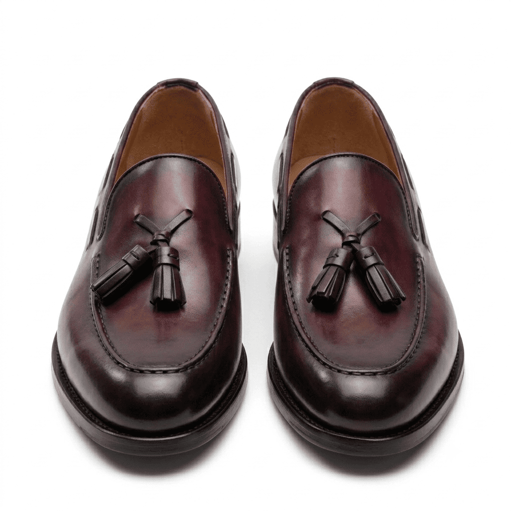 Back view of mens burgundy leather tassel loafers showing heel