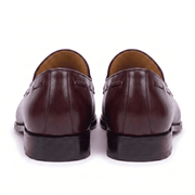 Back view of mens burgundy leather tassel loafers showing sole