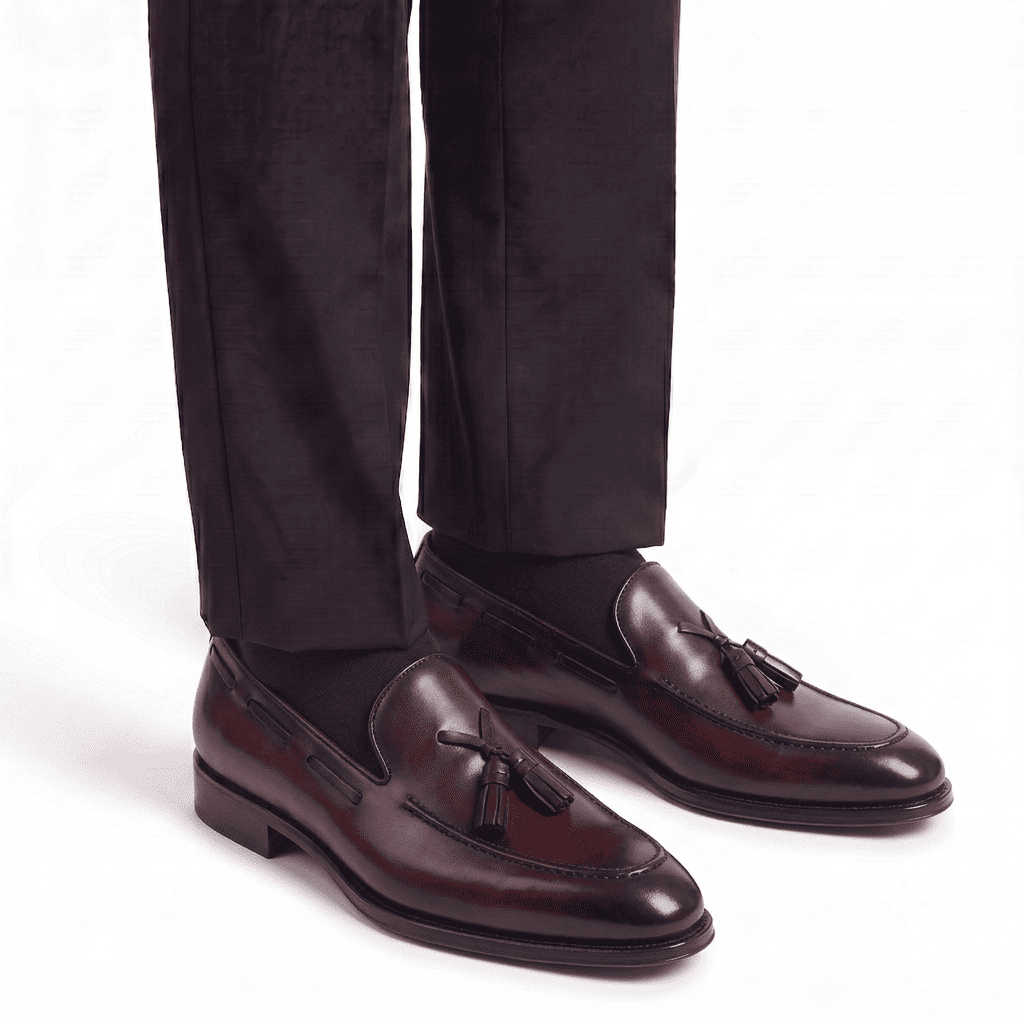 Man wearing burgundy leather tassel loafers with dark trousers