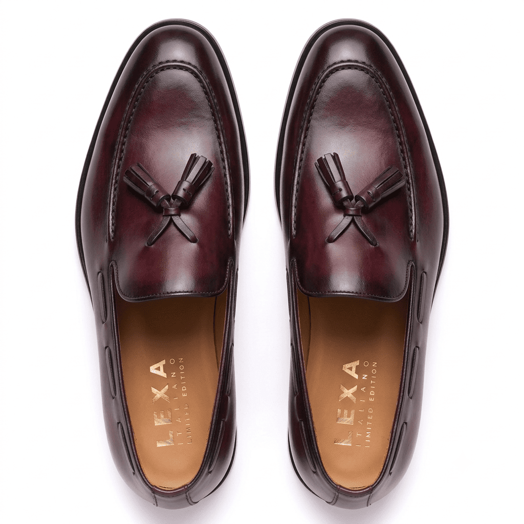 Top view of mens burgundy leather tassel loafers