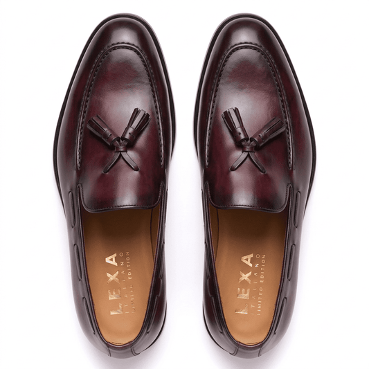 Top view of mens burgundy leather tassel loafers