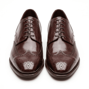 Front top view of Burgundy Wingtip Brogue Derby shoes pair