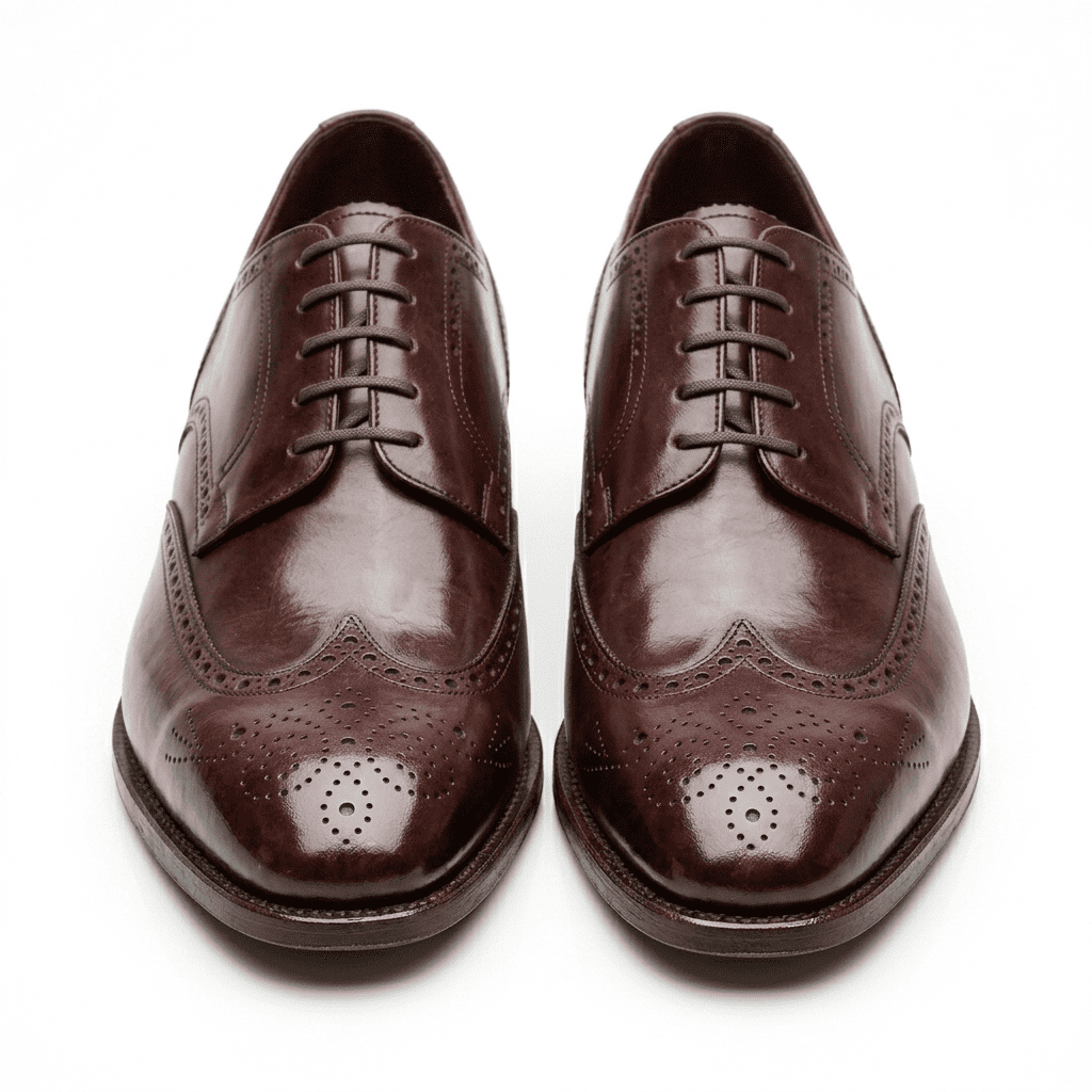 Front top view of Burgundy Wingtip Brogue Derby shoes pair