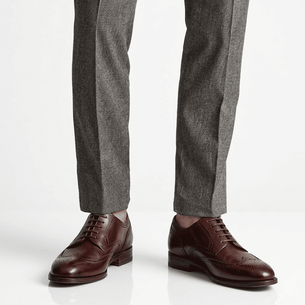 Men wearing Burgundy Wingtip Brogue Derby shoes with formal trousers