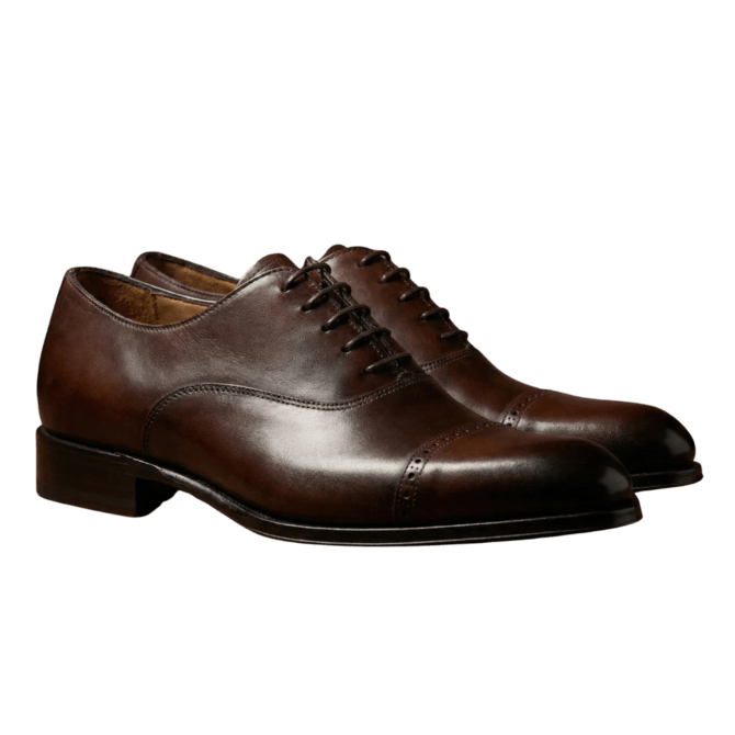 Dark brown wholecut oxford shoes premium leather front angled view