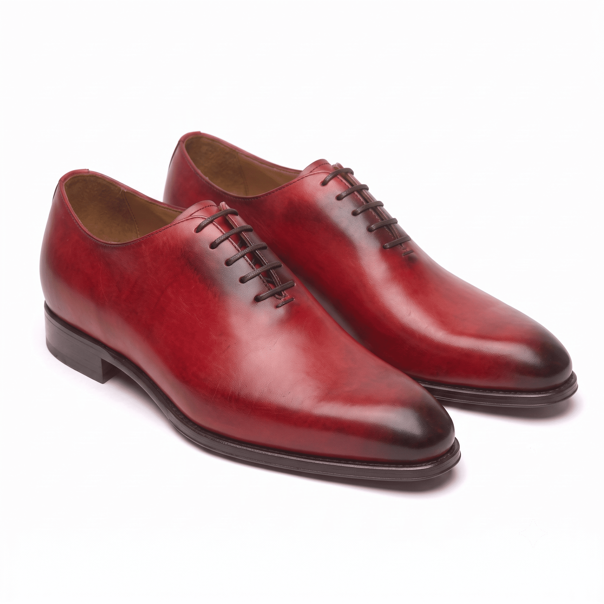 Red hand-painted cap-toe Oxford shoes for men crafted from premium genuine leather with a classic lace-up design.