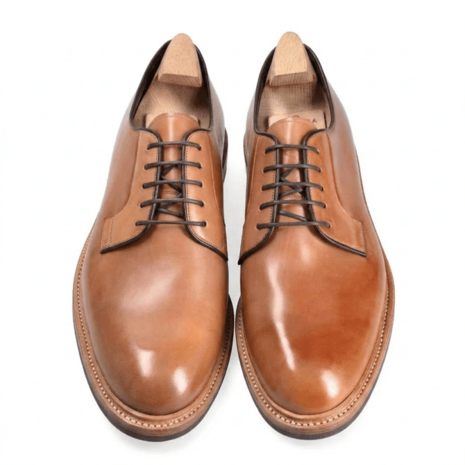 front view brown leather lace up formal shoes polished finish