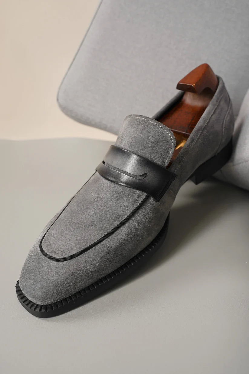 Gray Suede Penny Loafers