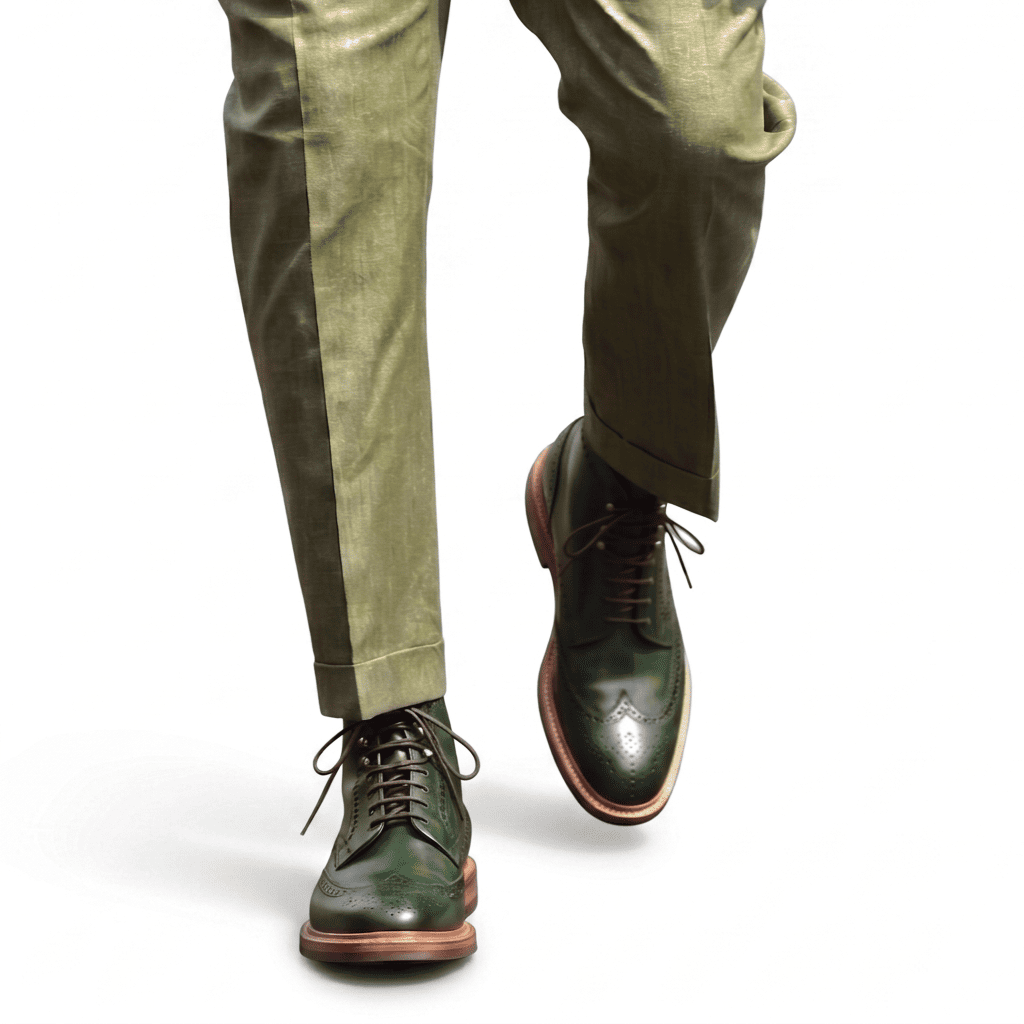Professional lifestyle shot of the forest green boots worn with olive green trousers for a monochromatic look.