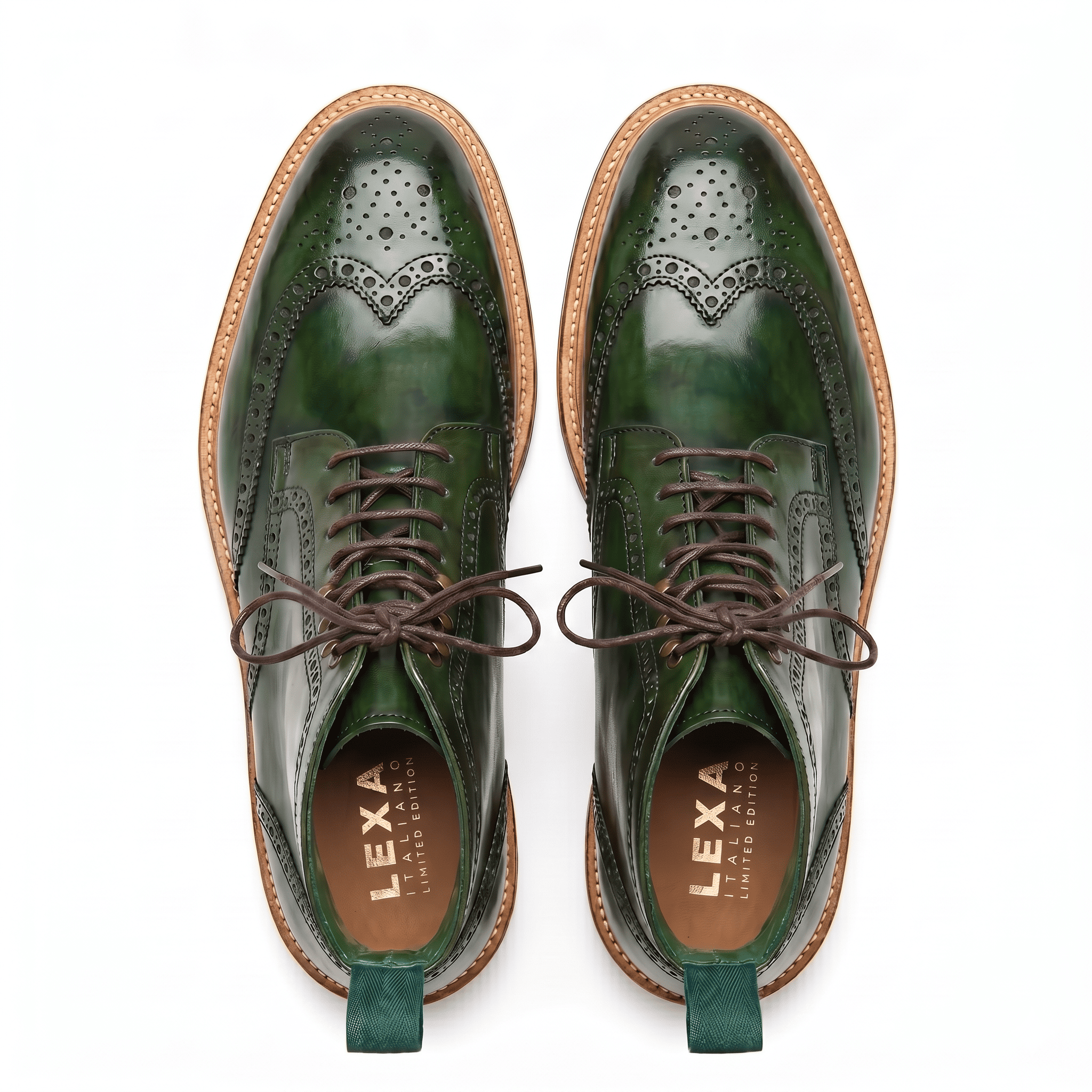 Overhead view of green leather dress boots showing the intricate wingtip perforations and matching green pull tabs.