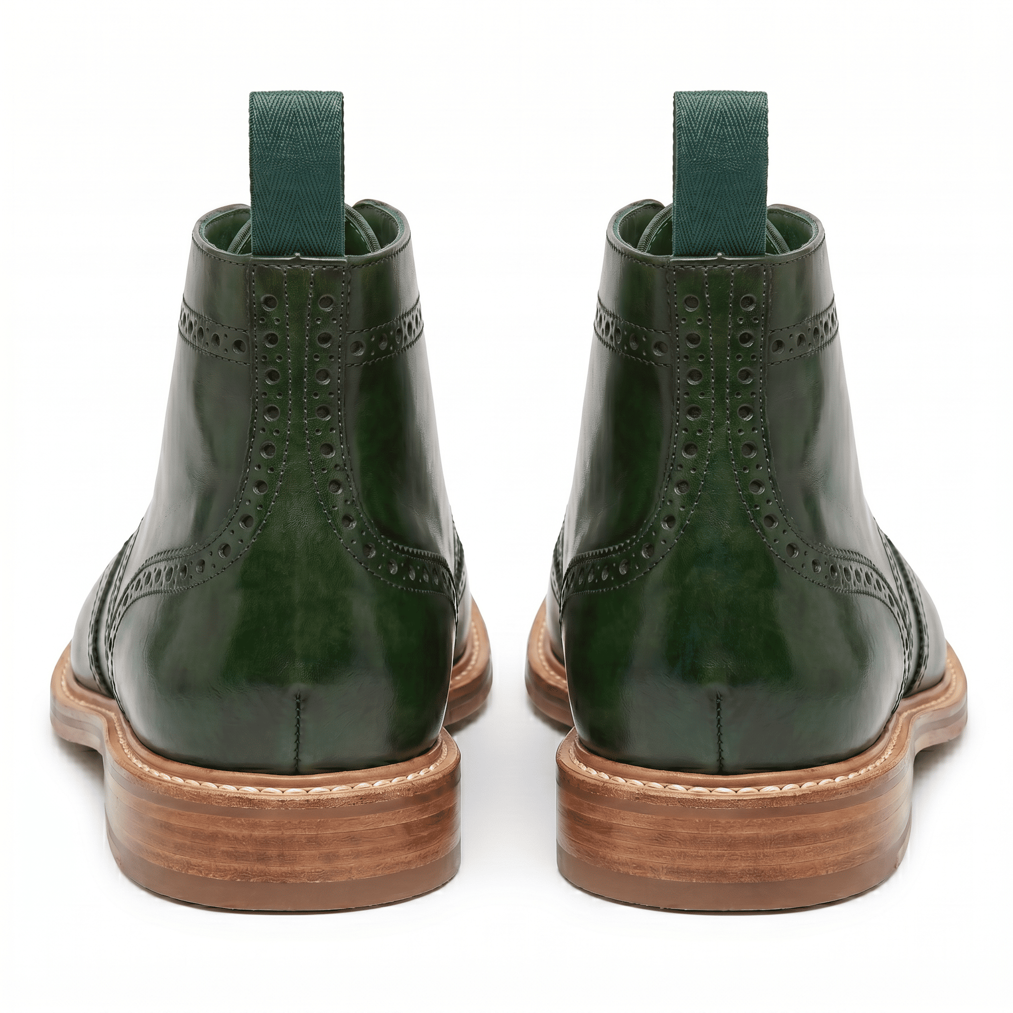 Back view of the forest green boots highlighting the sturdy heel construction and stacked leather sole.