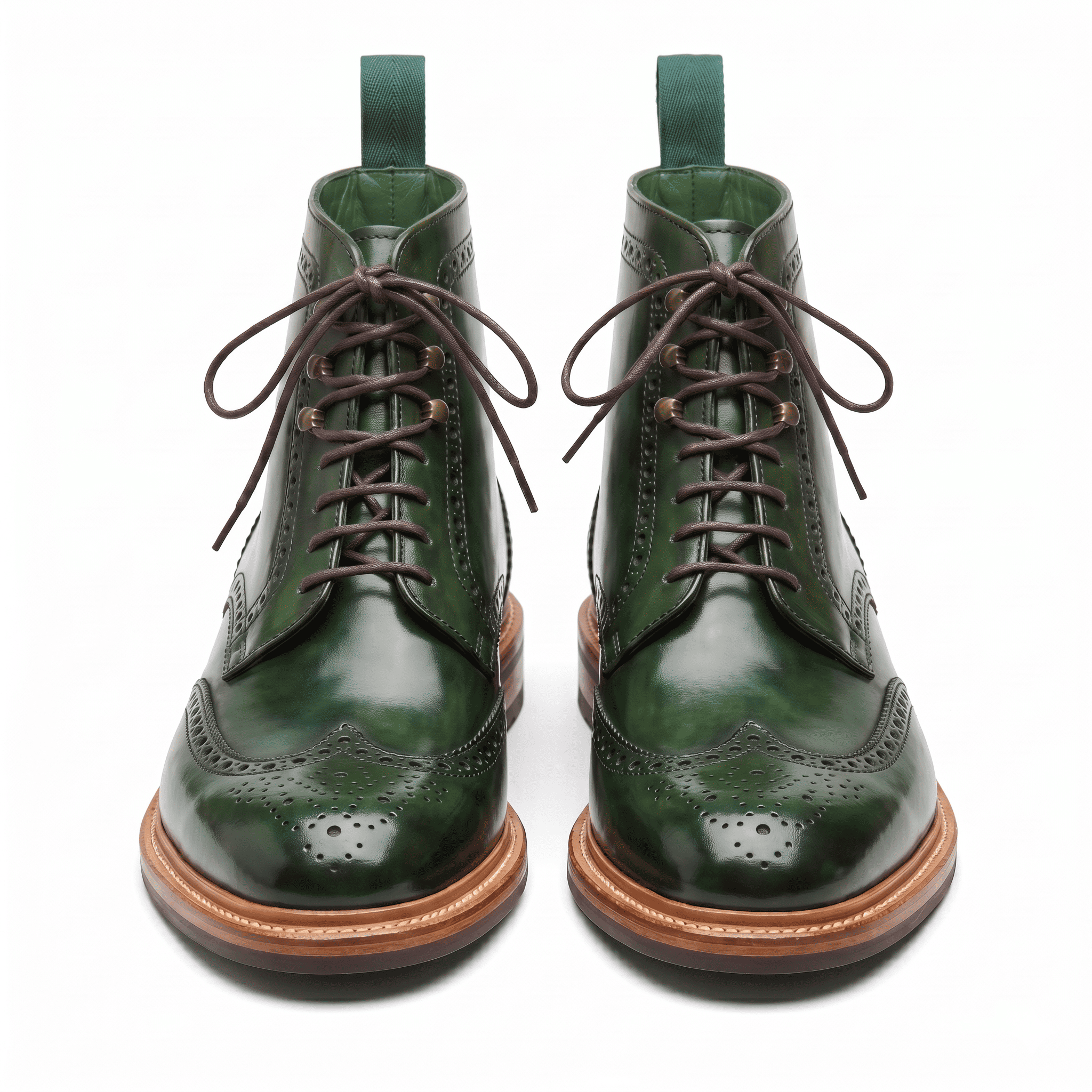 Front-facing view of the pair highlighting the round toe cap and the contrast between the green leather and brown laces.