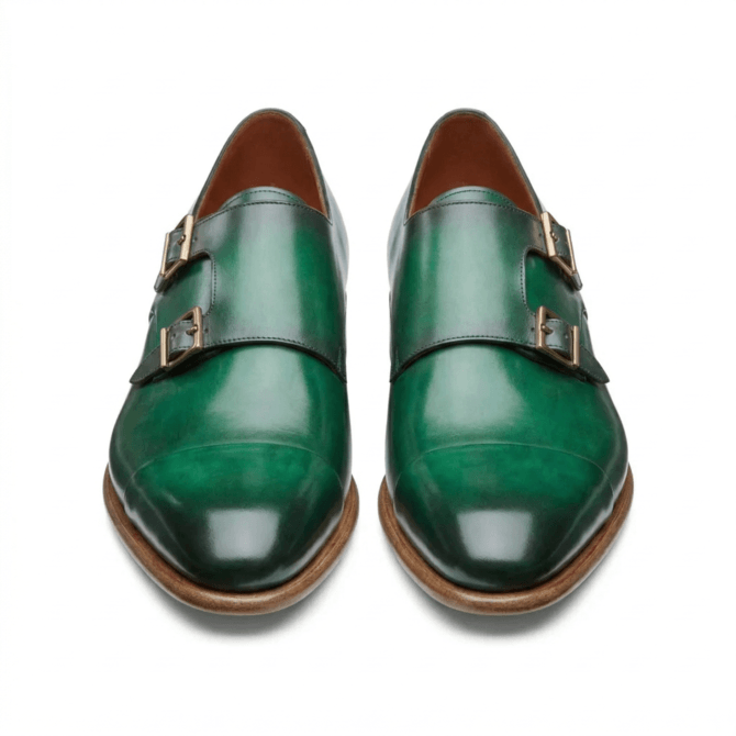 Front view of green monk strap formal shoes showing clean toe shape
