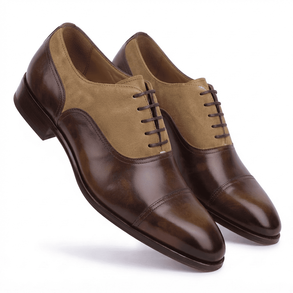 Three-quarter view of luxury brown and tan Oxford leather formal shoes for men