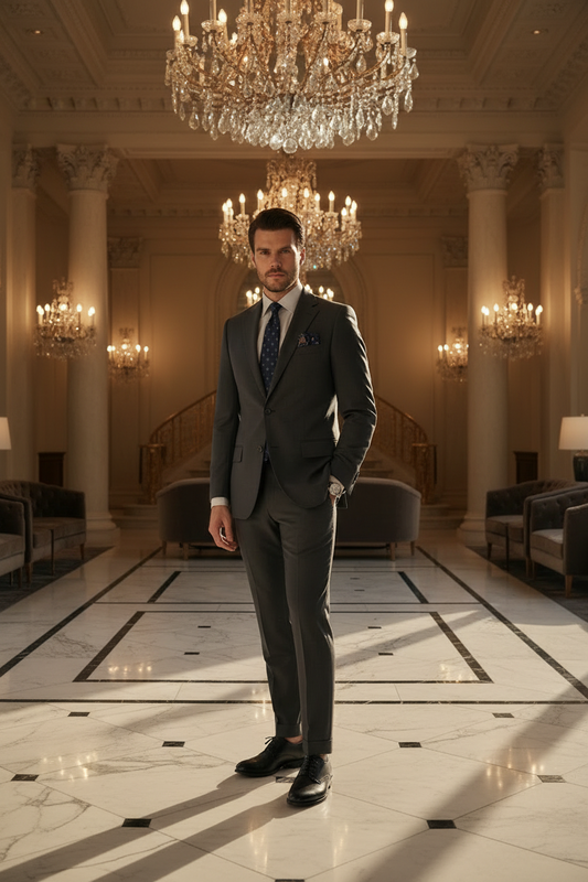 Man wearing a luxury charcoal grey tailored suit with formal black dress shoes in an elegant chandelier hallway