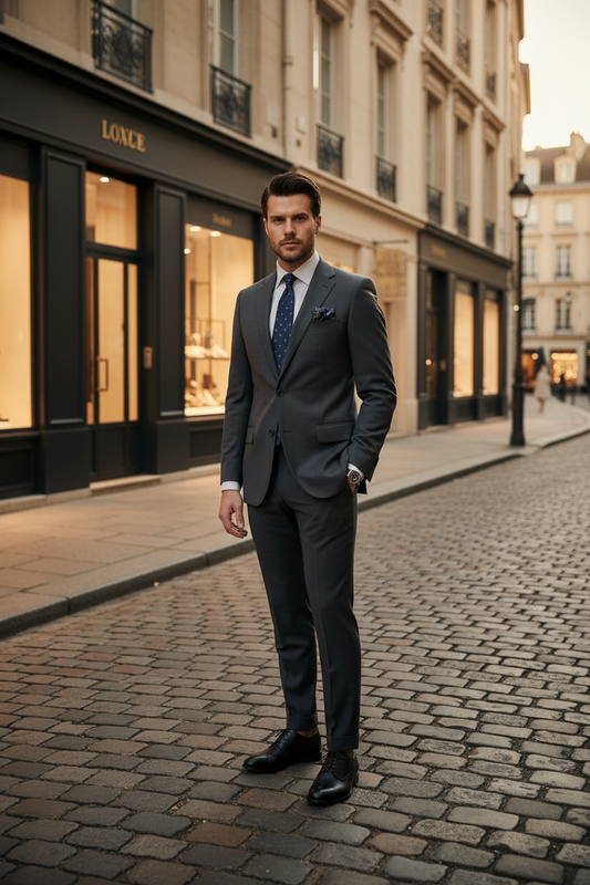 Elegant man wearing a dark grey tailored business suit with black formal shoes on a luxury European street setting