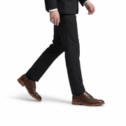 Man walking in black formal suit with cognac brown brogue derby leather shoes stylish business outfit