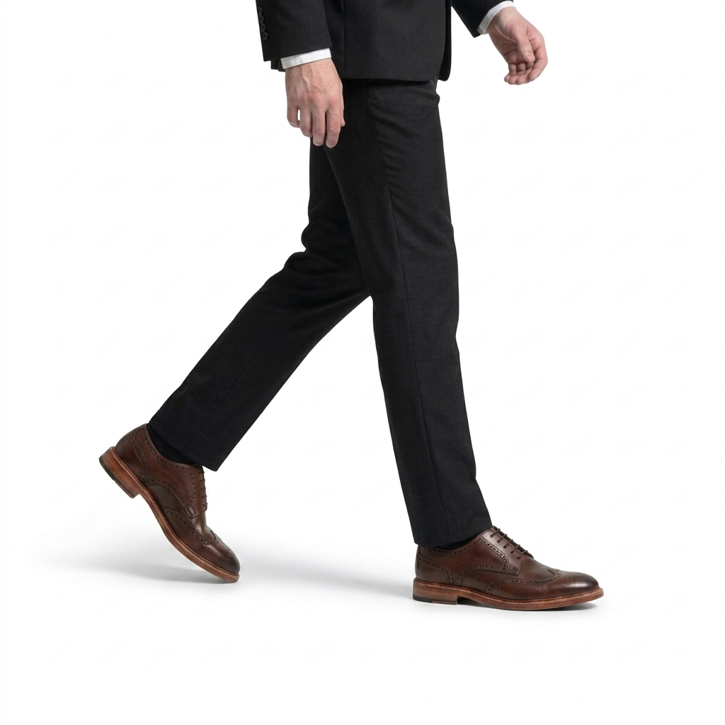 Man walking in black formal suit with cognac brown brogue derby leather shoes stylish business outfit