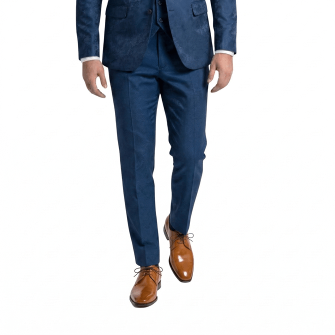 Brown patina leather derby shoes paired with blue office wear trousers