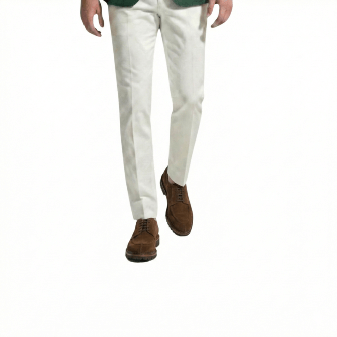 Walking pose wearing brown suede derby shoes for men