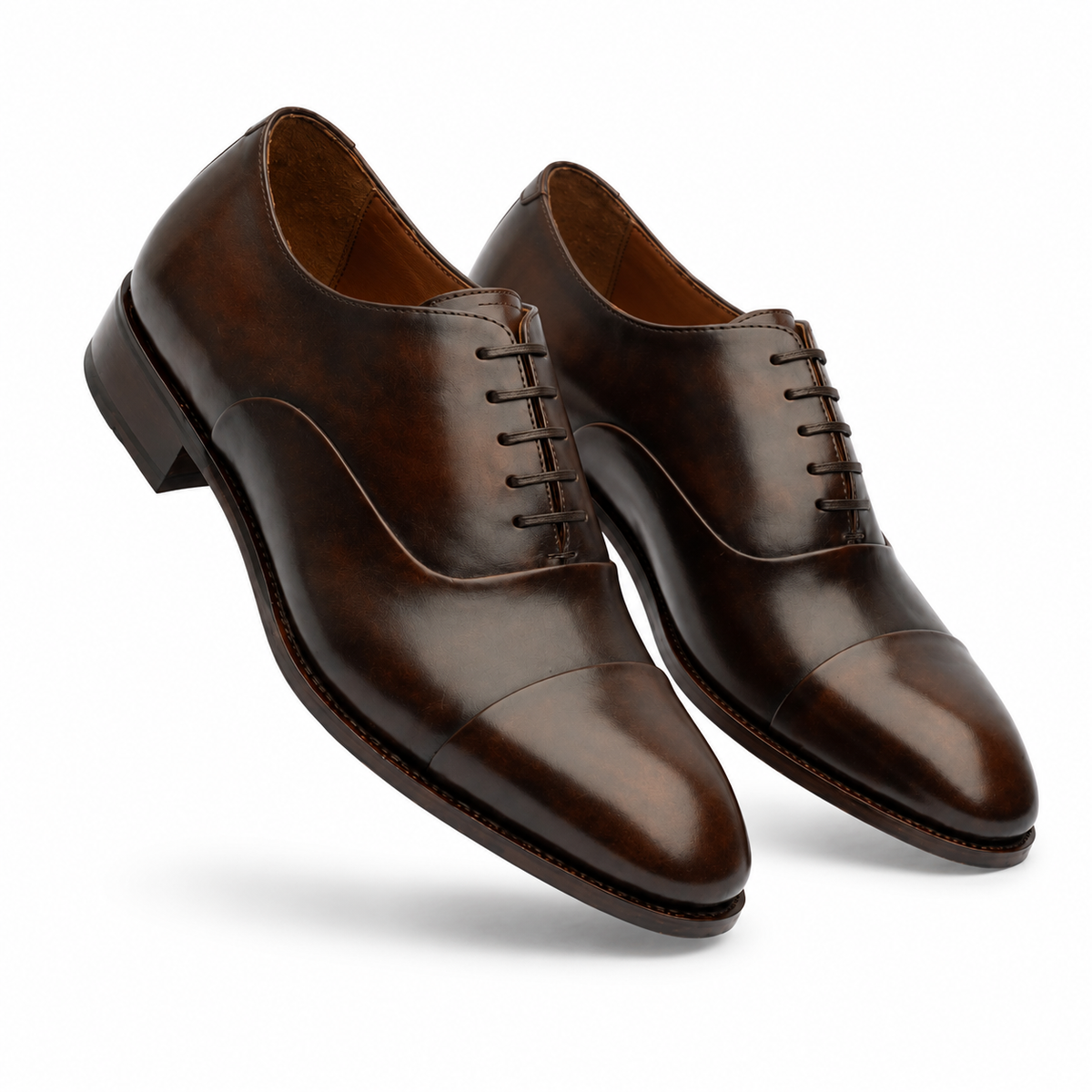 Brown leather Oxford shoes for men in front three-quarter view