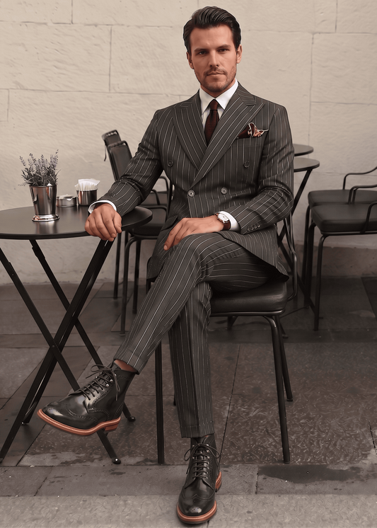 Man wearing a charcoal pinstripe double-breasted suit with black leather Oxford shoes sitting in a modern cafe.