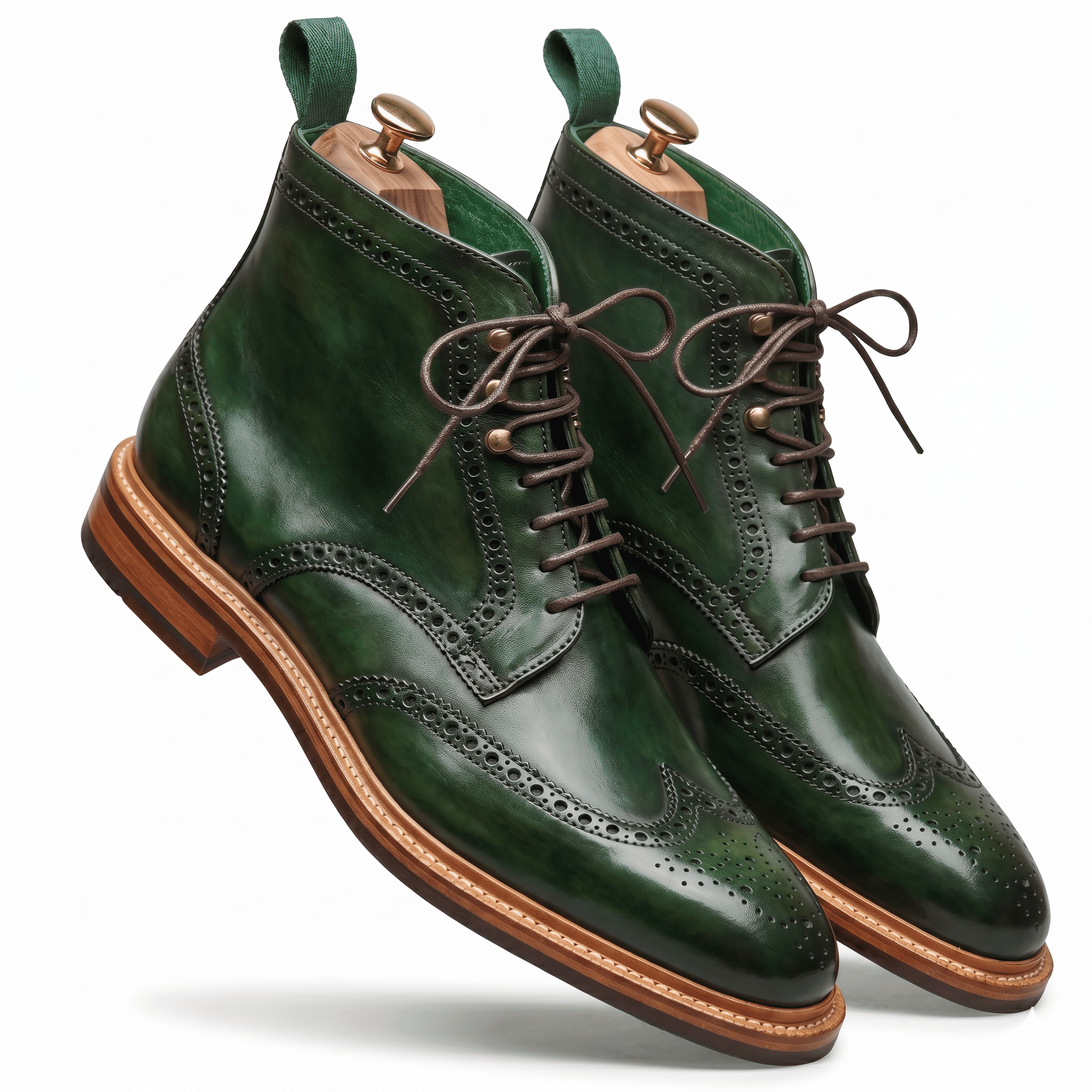 Dynamic floating angle of the green lace-up boots showing the high-shine finish and elegant silhouette.