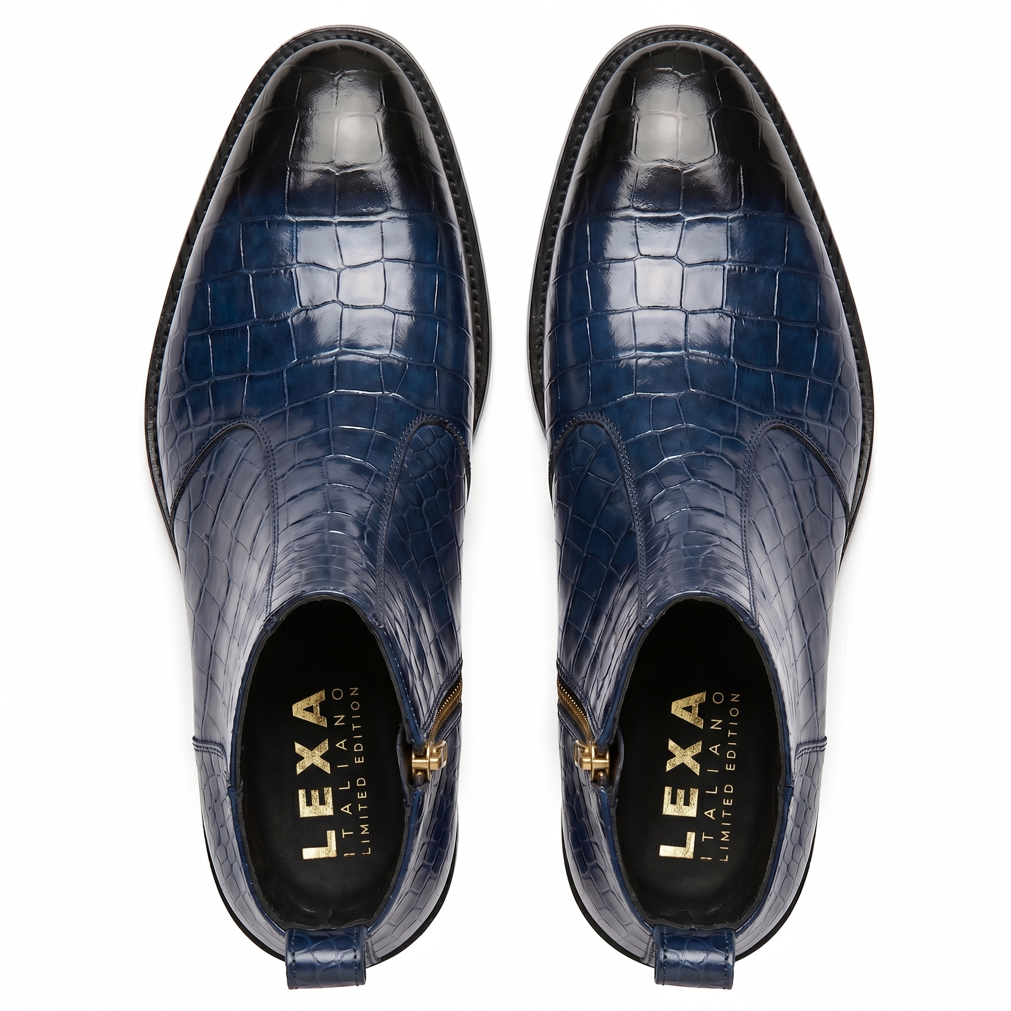 Top-down view of men's navy blue croc-patterned boots showing the gold branded insoles and tapered toe shape.