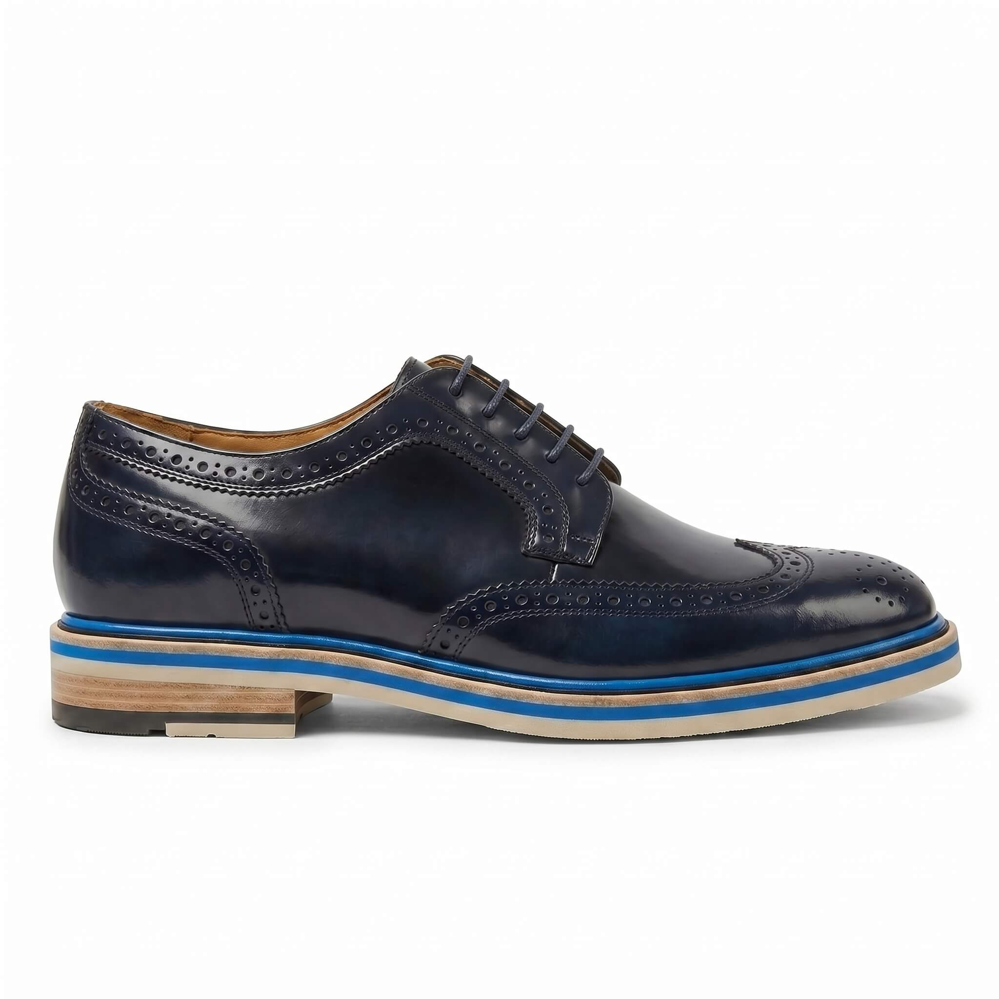 Side profile of the navy leather shoe showcasing the low-top silhouette and the distinct blue horizontal stripe on the sole.