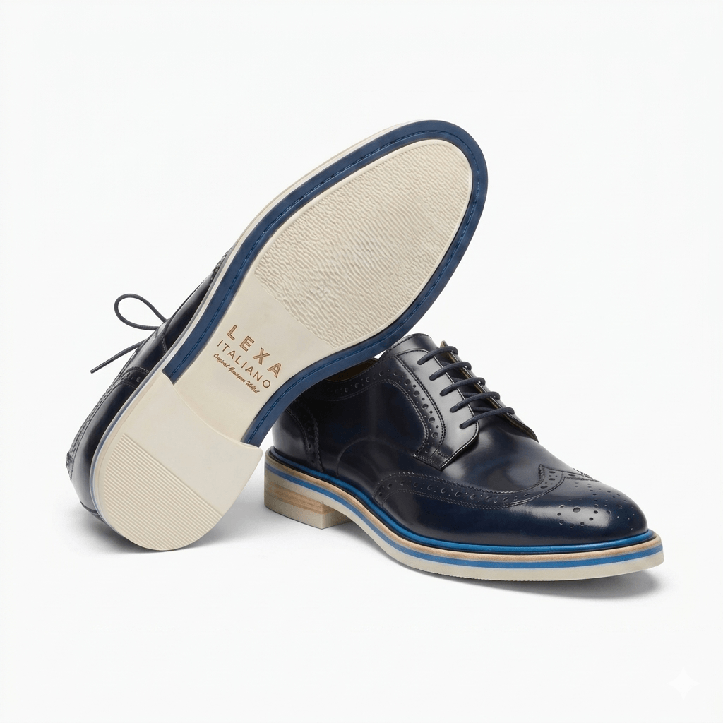 Angled view of the shoe showing the light-colored outsole and the blue accent layer of the midsole.