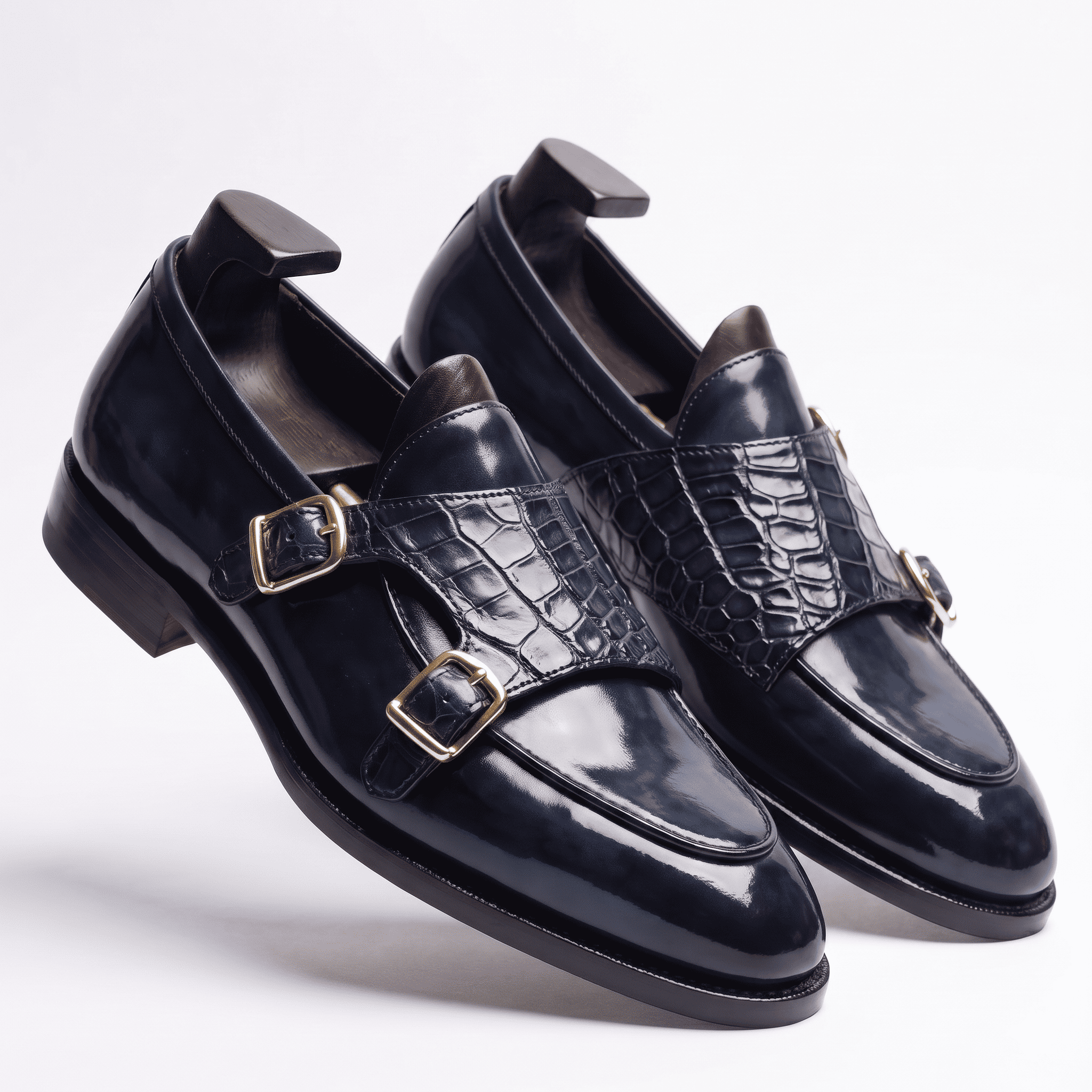 Angled view of mens navy blue croco leather double monk strap shoes
