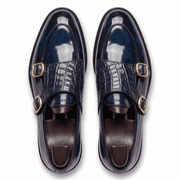 Top view of mens navy croco leather double monk strap shoes showing buckle straps