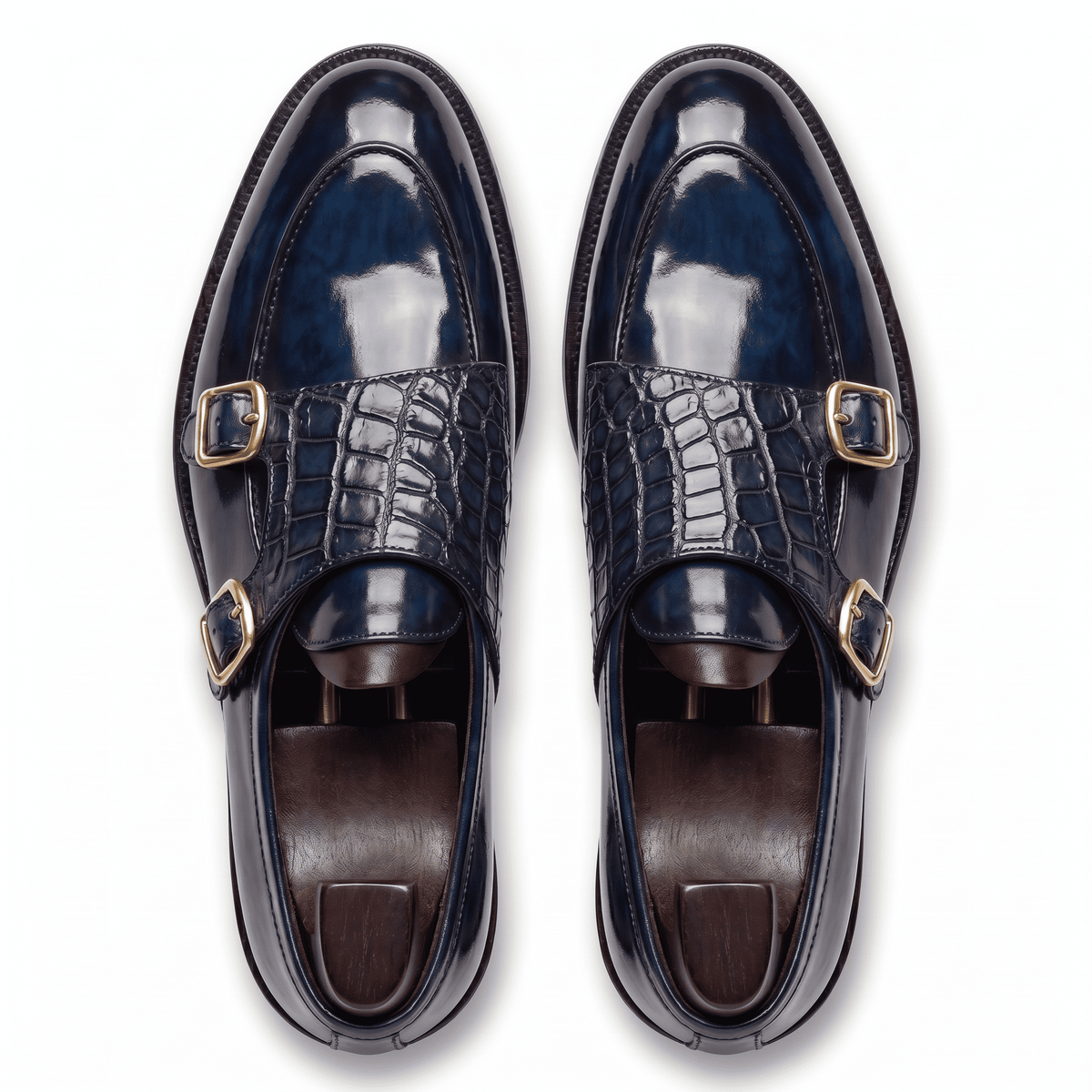 Top view of mens navy croco leather double monk strap shoes showing buckle straps