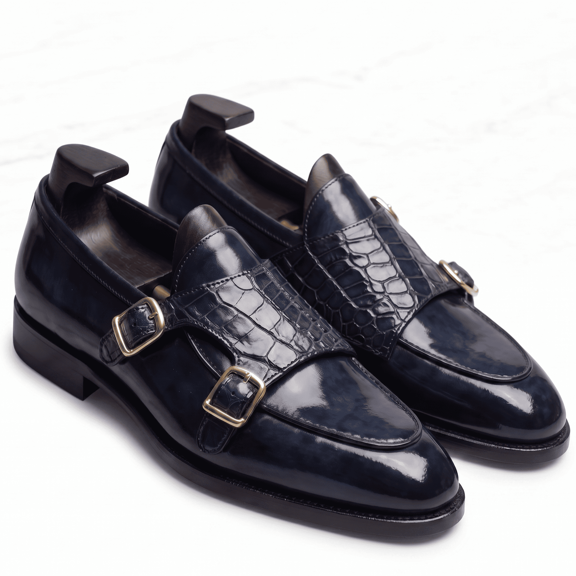 Navy blue croco-textured leather double monk strap shoes for men