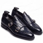 Navy blue croco-textured leather double monk strap shoes for men