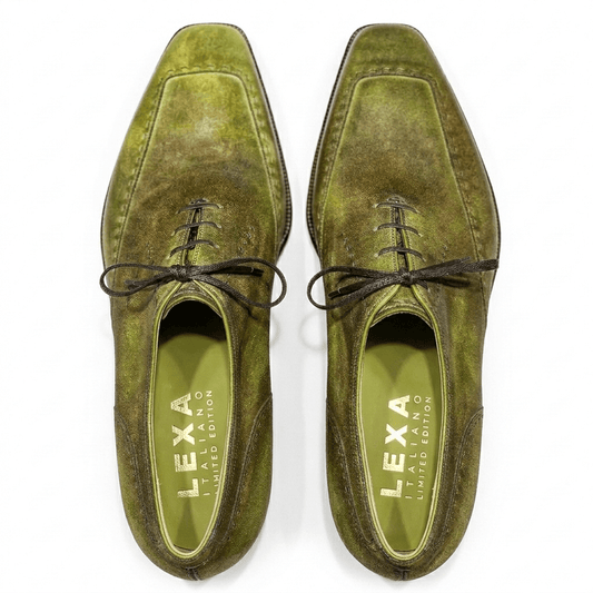 Top-down view of men's olive green leather shoes showing the seamless wholecut construction and gold-branded green insoles.