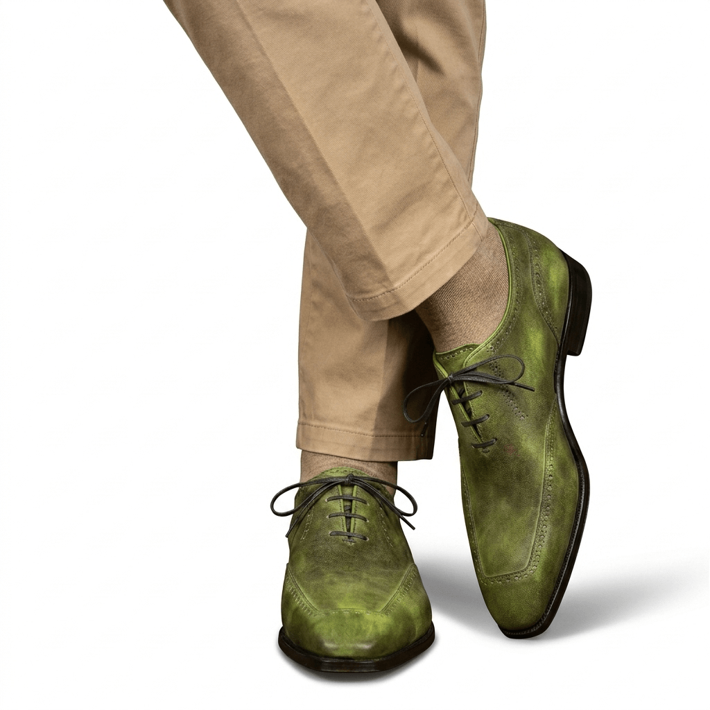 Professional lifestyle shot of the olive green patina shoes paired with khaki chinos for a sophisticated look.
