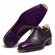 Sole view of purple patina Oxford dress shoes for men