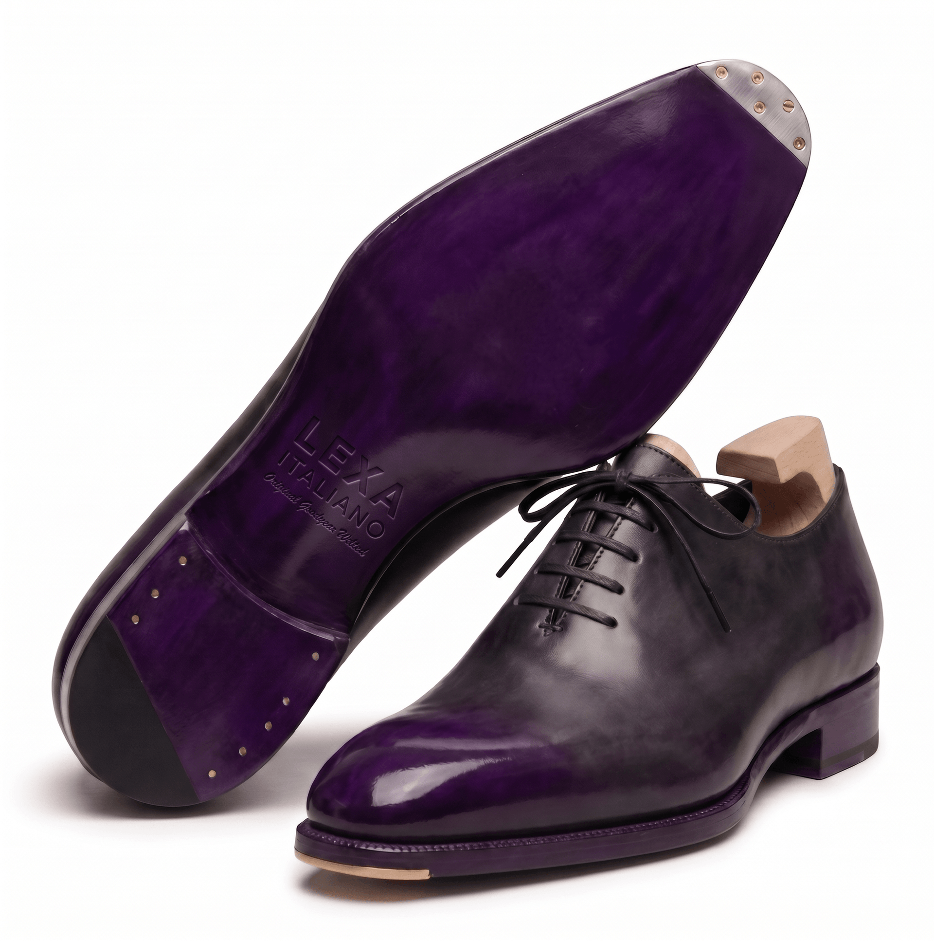 Sole view of purple patina Oxford dress shoes for men
