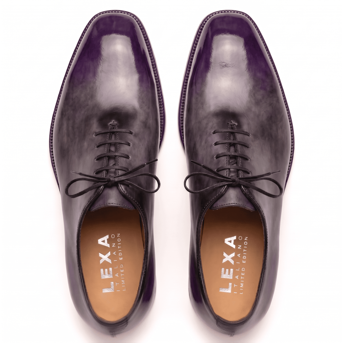 Top view of purple patina Oxford dress shoes for men