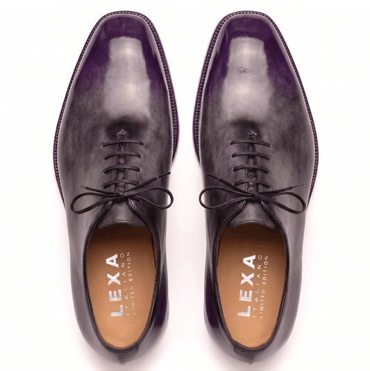 Top view of purple patina Oxford dress shoes for men